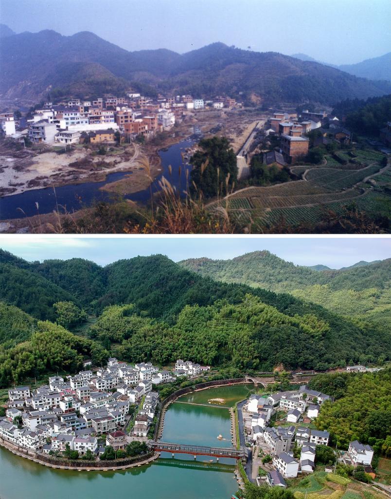 圖為浙江省杭州市淳安縣楓樹(shù)嶺鎮(zhèn)下姜村拼版圖，其中上圖為資料照片、下圖由新華社記者張鋮攝。